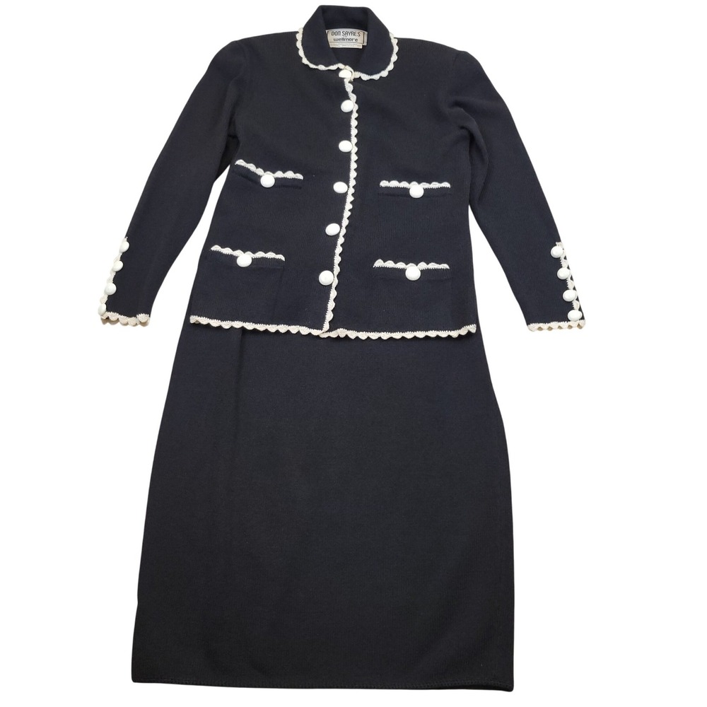 Vintage‎ Don Sayres for Wellmore Knit Wool 2 Piece Skirt Suit Set 10 Black White